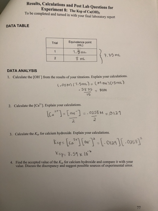 Results Calculations And Post Lab Questions For Chegg Results Calculations And Post Lab Questions For Chegg
