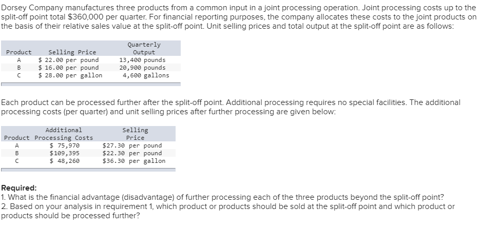 Dorsey company manufactures three products from a common input in a joint processing operation. joint processing costs up to the split-off point total $360,000 per quarter. for financial reporting purposes, the company allocates these costs to the joint products on the basis of their relative sales value at the split-off point. unit selling prices and total output at the split-off point are as follows product selling price $ 22.00 per pound 16.00 per pound $28.00 per gallon quarterly output 13,400 pounds 20,900 pounds 4,600 gallons each product can be processed further after the split-off point. additional processing requires no special facilities. the additional processing costs (per quarter) and unit selling prices after further processing are given below: selling price 27.30 per pound $22.30 per pound $36.30 per gallon additional product processing costs $75,970 $109,395 $48,260 required 1. what is the financial advantage (disadvantage) of further processing each of the three products beyond the split-off point? 2. based on your analysis in requirement 1, which product or products should be sold at the split-off point and which product or products should be processed further?