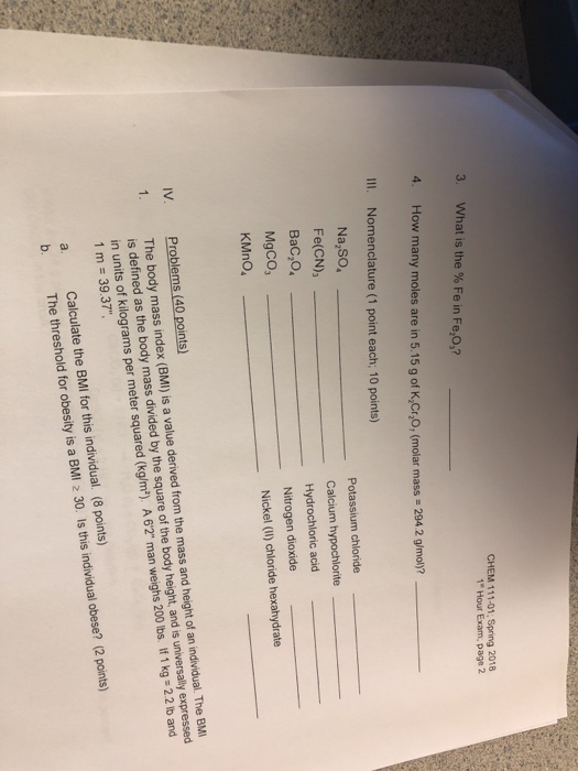 Solved Chem 111 01 Spring 2018 1hour Exam Page 2 What I