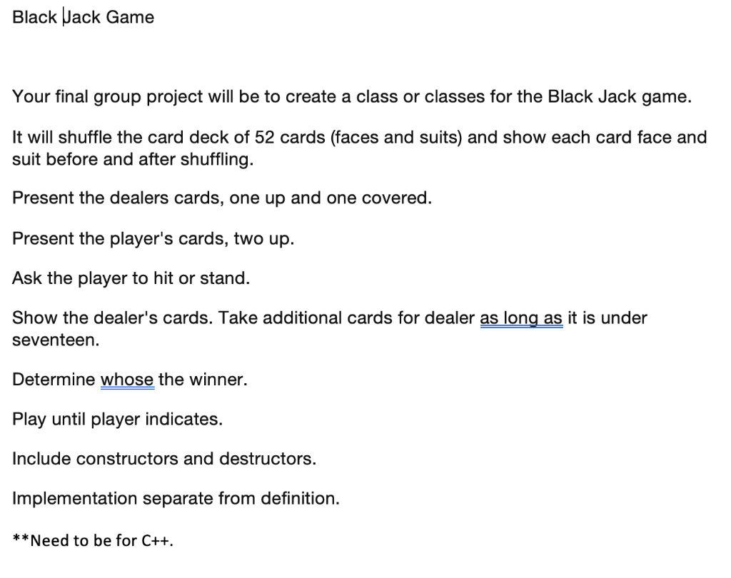 Black Jack Game Your Final Group Project Will Be T Chegg Com