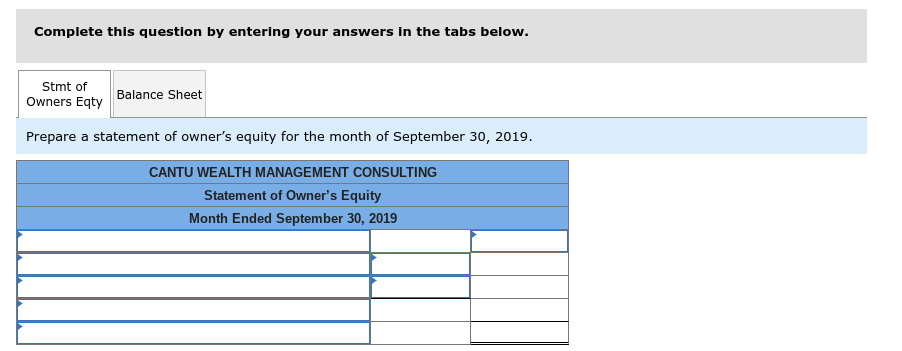 Complete this question by entering your answers in the tabs below. stmt of owners eqty balance sheet prepare a statement of owners equity for the month of september 30, 2019 cantu wealth management consulting statement of owners equity month ended september 30, 2019