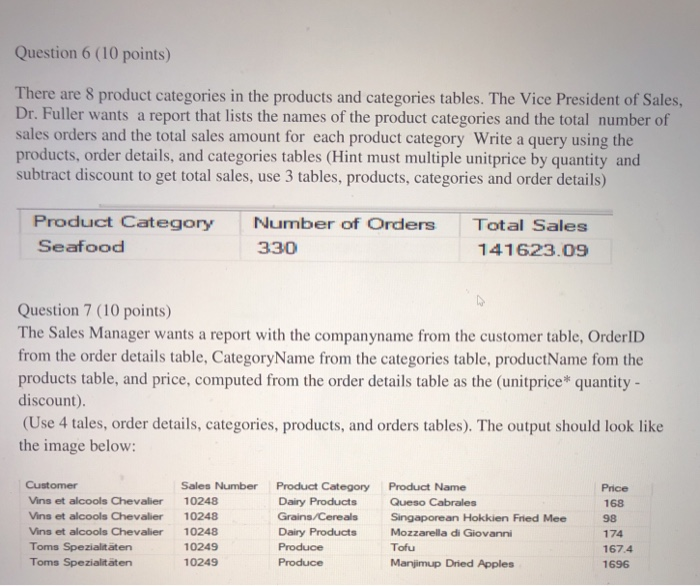 Question 6 (10 points) There are 8 product categories in the products and categories tables. The Vice President of Sales, Dr.