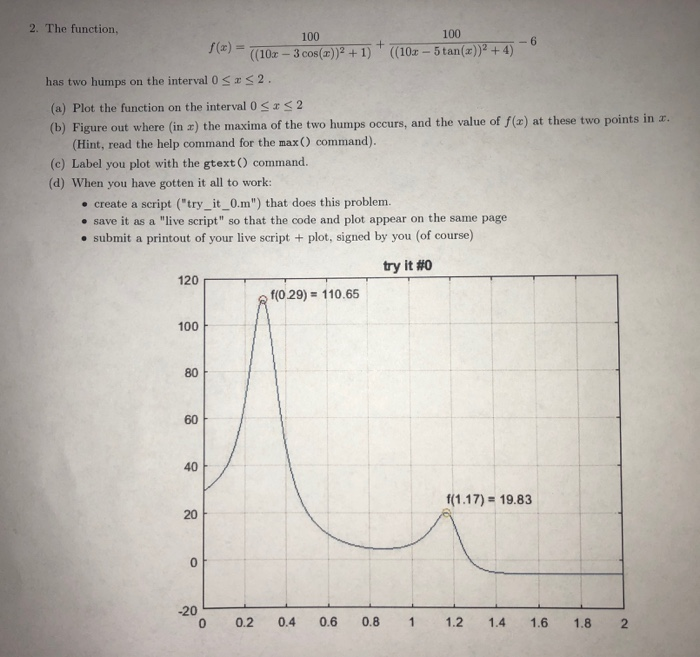 2. The function, 100 100 o f(a) - ((10x _ 3 cos(z))2 + 1)+(10-5tan(2))2 +4) has two humps on the interval O Ss 2 (a) Plot the function on the interval 0 SS2 (b) Figure out where (in ax) the maxima of the two humps ocurs, and the value of f(a) at these two points in r. (Hint, read the help command for the max() command). (c) Label you plot with the gtext) command. (d) When you have gotten it all to work: 

<div class=