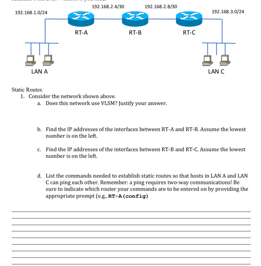 192.168.2.4/30 192.168.2.8/30 192.168.3.0/24 192.168.1.0/24 RT-C RT-A RT-B LAN C LAN A Static Routes: Consider the network sh