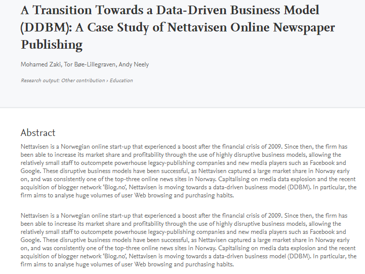 A transition towards a data-driven business model (ddbm): a case study of nettavisen online newspaper publishing mohamed zaki