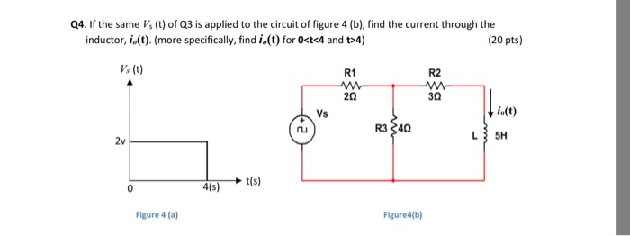 Q4. If the same V (t) of Q3 is applied to the circuit of figure 4 (b), find the current through the (20 pts) inductor, i (t). (more specifically, find i (t) for O<t<4 and t>4) Vs (t) R1 R2 20 30 io(t) Vs R340 L 3 5H 2v Figure4(b) Figure 4 (a)