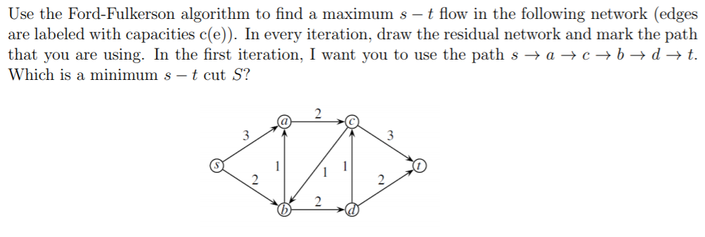 Use the Ford-Fulkerson algorithm to find a maximum s - t flow in the following network (edges are labeled with capacities c(e