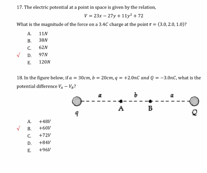 Solved 17 The Electric Potential At A Point In Space Is Chegg Com