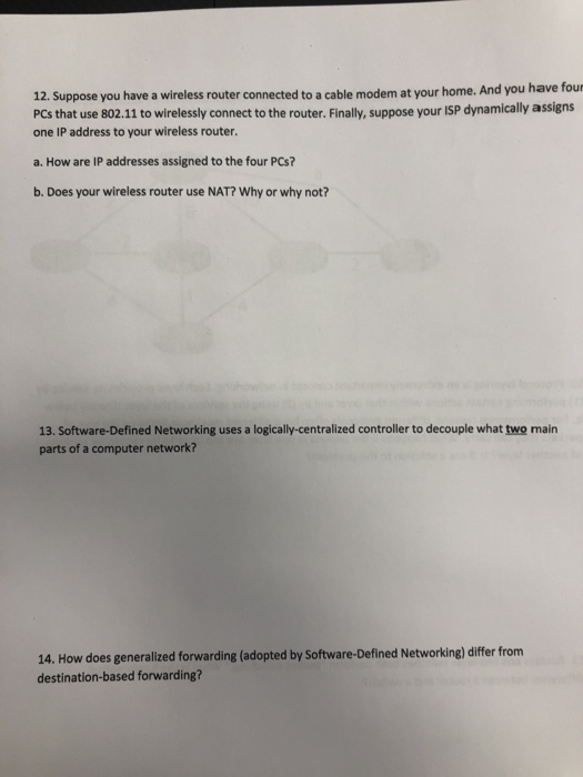 12. Suppose you have a wireless router connected to a cable modem at your home. And you have four PCs that use 802.11 to wire