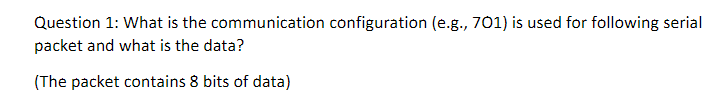 Question 1: What is the communication configuration (e.g., 701) is used for following serial packet and what is the data? (Th