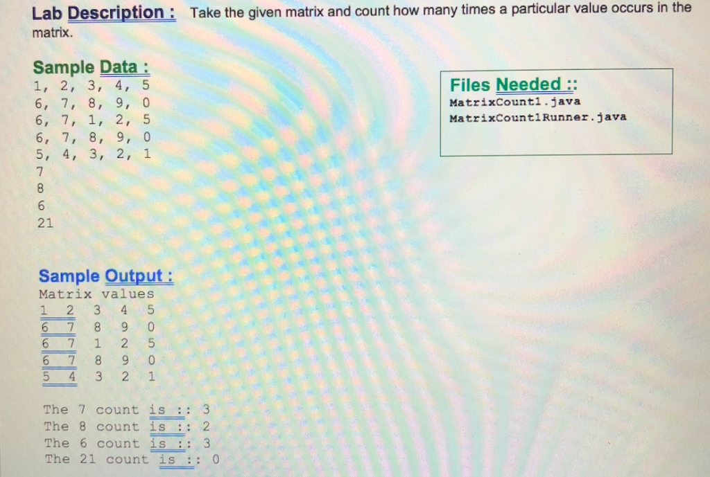 106 Lab Description: matrix. Take the given matrix and count how many times a particular value occurs in the Sample Data: 1,