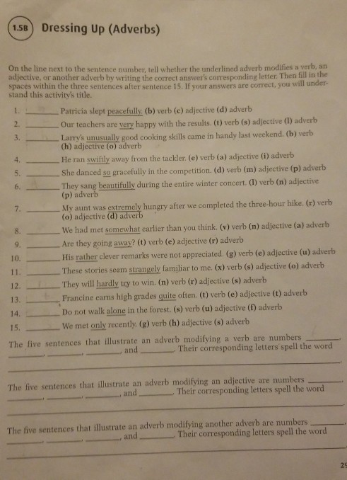 Fill in the correct adverb. Adjective or adverb sentences. Underline adverbs that modify,the adjectives in the sentences. Familiarity familiar verb.