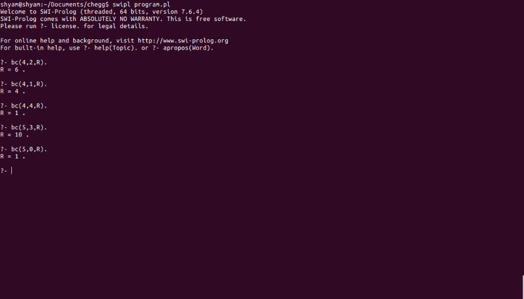 shyam@shyam:-/Documents/chegg$ swipl program.pl Welcome to SWI-Prolog (threaded, 64 bits, version 7.6.4) SHI-Prolog comes wit