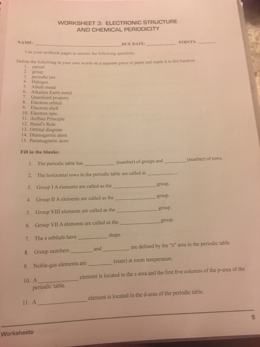 Solved Worksheet 3 Electronic Structure And Chemical Per