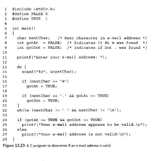 #include <stdio.h> #define FALSE 0 3 #define TRUE 1 5 int main) 6 7 char nextChar Next character in e-mail address/ int gotAt