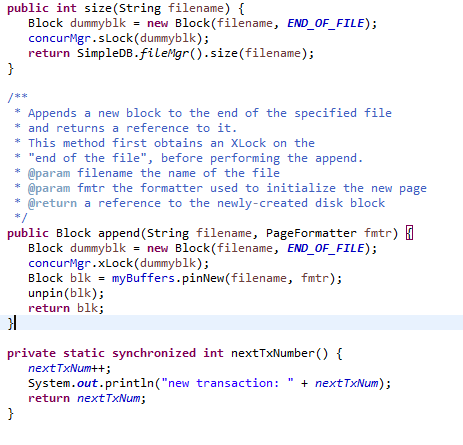 public int size(String filename) { Block dummyblknew Block(filename, END_OF_FILE); concurMgr.sLock (dummyblk); return SimpleD