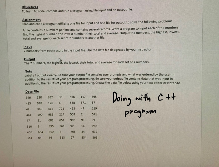 To learn to code, compile and run a program using file input and an output file. Assi Plan and code a program utilizing one f