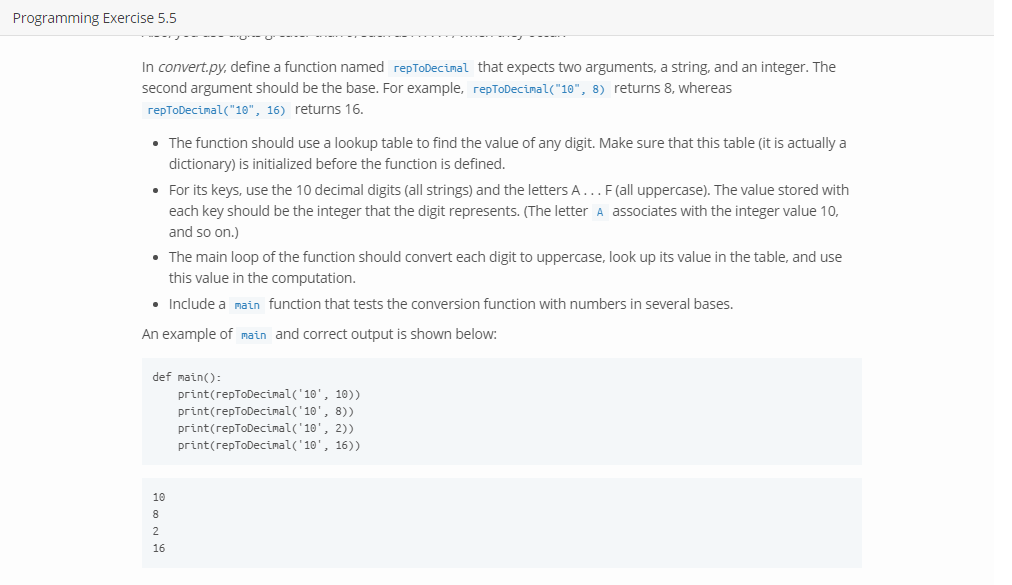 In convert.py , define a function named repToDecimal that expects two arguments, a string, and an...