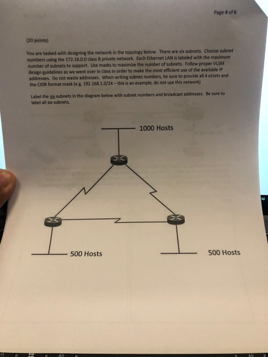 Page 4 of 6 (20 points) You are tasked with designing the network in the topology below. There are six subnets. Choose subnet