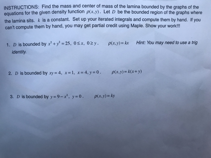 Solved Find The Mass And Center Of Mass Of The Lamina Of Chegg Com