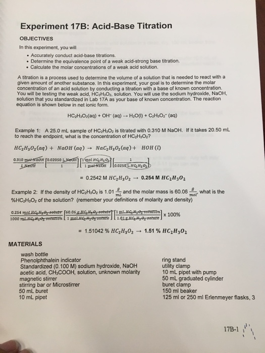 Experiment 17b Acid Base Titration Objectives In Chegg 