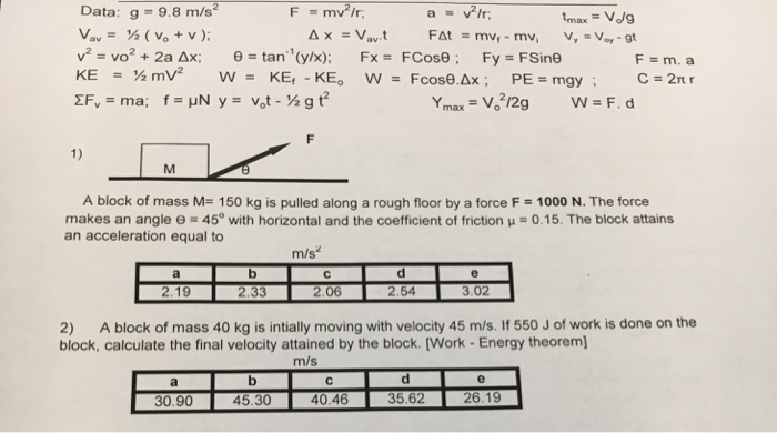 Solved Data G 9 8 M S 2 F Mv 2 R A V 2 R T Max Chegg Com