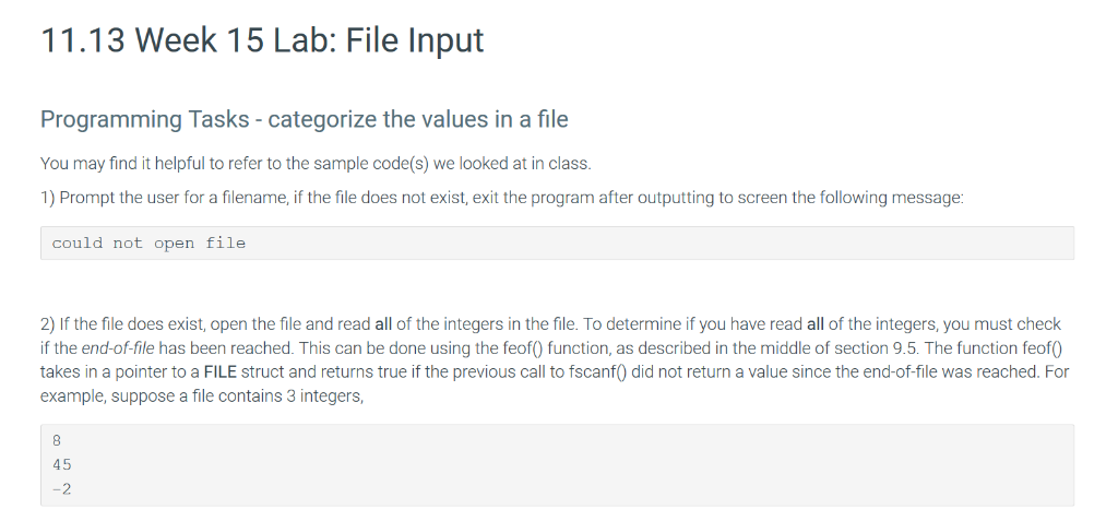 11.13 week 15 lab: file input programming tasks-categorize the values in a file you may find it helpful to refer to the sampl