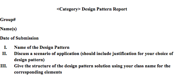 Category Design Pattern Report Group# Name(s) Date of Submission I. Name of the Design Pattern II. Discuss a scenario of appl