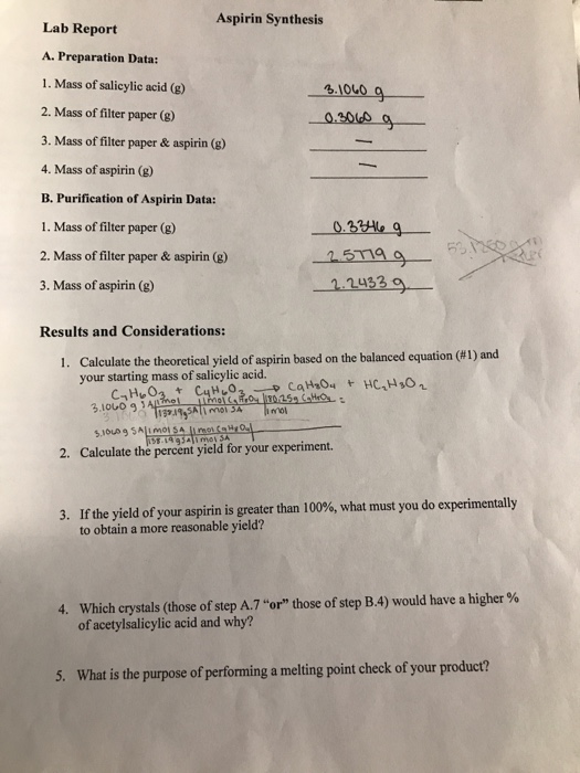 Aspirin Synthesis Lab Report A Preparation Data Chegg Com