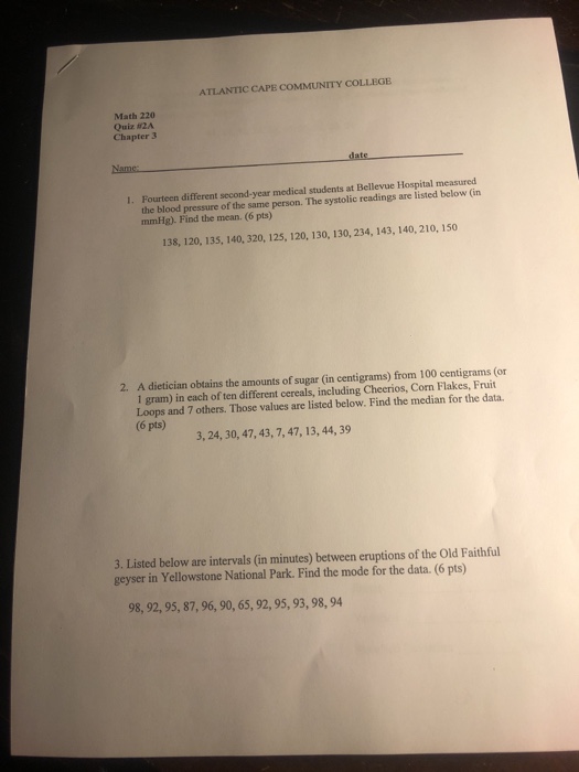 Solved Atlantic Cape Community College Math 2 Quiz 2a Chegg Com