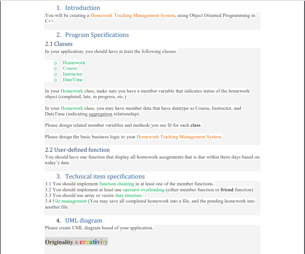 1. Introduction You will be creating a Homework Tracking Management System, using Object Oriented Programming in 2. Program S