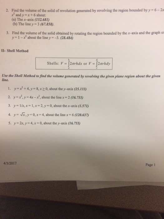 Solved Find The Volume Of The Solid Of Revolution Generat Chegg Com