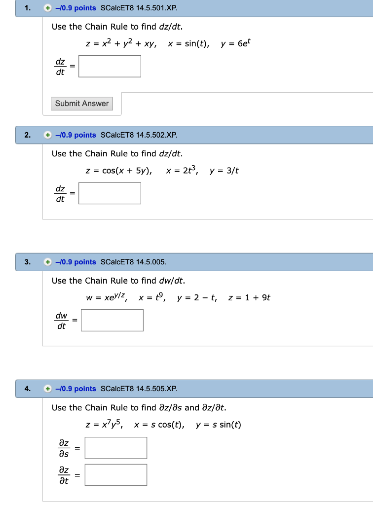 0 9 Points Scalcet8 14 5 501 Xp Use The Chain Rule Chegg Com