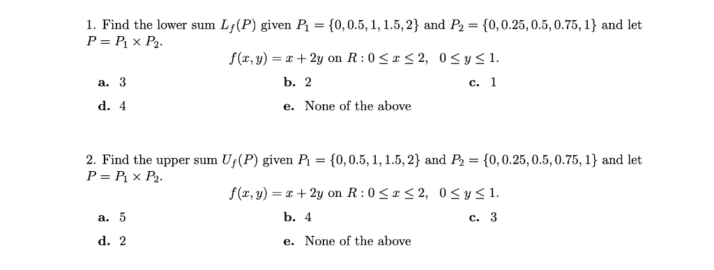 Solved 1 Find The Lower Sum L P Given Pi 0 0 5 1 1 5 2 Chegg Com