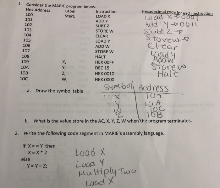 1. Consider the MARIE program below. Hex Address 100 Label Start, Hexadecimal code for each instruction Instruction LOAD X AD