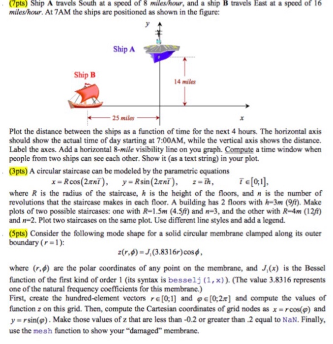 (7pts) Ship A travels South at a speed of 8 miles/hour, and a ship B travels East at a speed of 16 miles/hour. At 7AM the shi