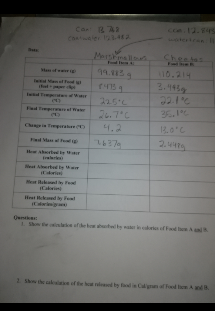 Calculation For Heat Absorbed Water Calories Chegg 