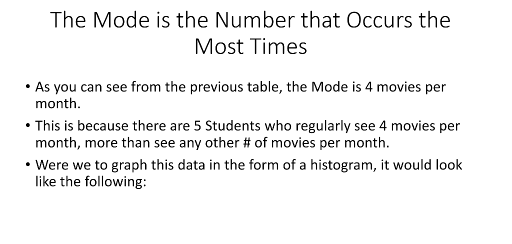 The Mode is the Number that Occurs the Most Times . As you can see from the previous table, the Mode is 4 movies per month Th