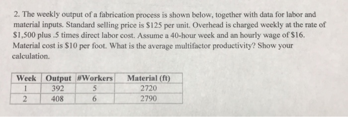 2. The weekly output of a fabrication process is shown below, together with data for labor and material inputs. Standard selling price is $125 per unit. Overhead is charged weekly at the rate of $1,500 plus .5 times direct labor cost. Assume a 40-hour week and an hourly wage of $16. Material cost is $10 per foot. What is the average multifactor productivity? Show your calculation. Week!Output-#workers) Material (ft) 2720 2790 392 2 408