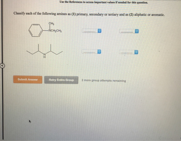 Use the References to access important values if needed for this question. Classify each of the following amines as (1) primary, secondary or tertiary and as (2) aliphatic or aromatic. Ho Submit Anawer Ratry Entire Group 2 more group attompts remaining