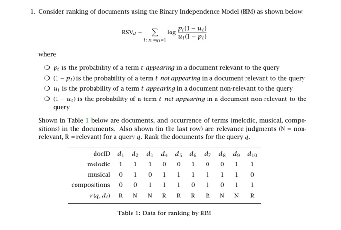 1. Consider ranking of documents using the Binary Independence Model (BIM) as shown below: RSVa-2 log where O p is the probab