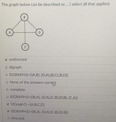 The graph below can be described a... select all that applies) z undirected digraph 回E(GRAPH!)-[(AB), (DA),(B,C),(B,D)} None