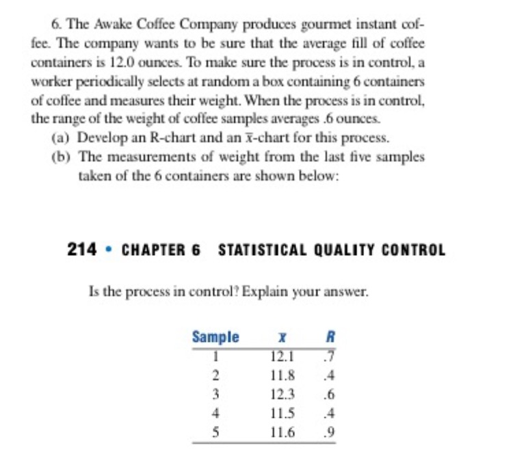 6. The Awake Coffee Company produces gourmet instant cof- fee. The company wants to be sure that the average fill of coffee containers is 12.0 ounces. To make sure the process is in control, a worker periodically selects at random a box containing 6 containers of coffee and measures their weight. When the process is in control, the range of the weight of coffee samples averages 6 ounces. (a) Develop an R-chart and an -chart for this process. (b) The measurements of weight from the last five samples taken of the 6 containers are shown below: 214 CHAPTER 6 STATISTICAL QUALITY CONTROL Is the process in control? Explain your answer Sampie 12 万 11.8 12.3 6 115 4 11.69 4 5