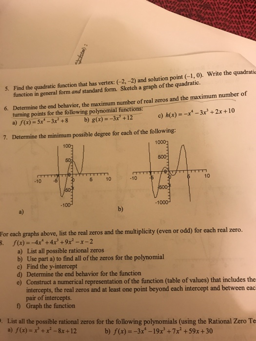 Solved 5 Find The Quadratic Function That Has Vertex