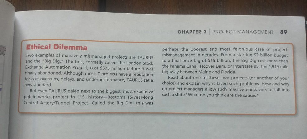 CHAPTER 3 PROJECT MANAGEMENT 89 Ethical Dilemma Two examples of massively mismanaged projects are TAURUS perhaps the poorest and most felonious case of project mismanagement in decades. From a starting $2 billion budget to a final price tag of $15 billion, the Big Dig cost more than and the Big Dig. The first, formally called the London Stock the Panama Canal, Hoover Dam, or In highway between Maine and Florida. Exchange Automation Project, cost $575 million before it was finally abandoned. Although most IT projects have a reputation for cost overruns, delays, and underperformance, TAURUS set a new standard. Read about one of these two projects (or another of your choice) and explain why it faced such problems. How and why do project managers allow such massive endeavors to fall into such a state? What do you think are the causes? But even TAURUS paled next to the biggest, most expensive public works project in U.S. history-Bostons 15-year-long Central Artery/Tunnel Project. Called the Big Dig, this was