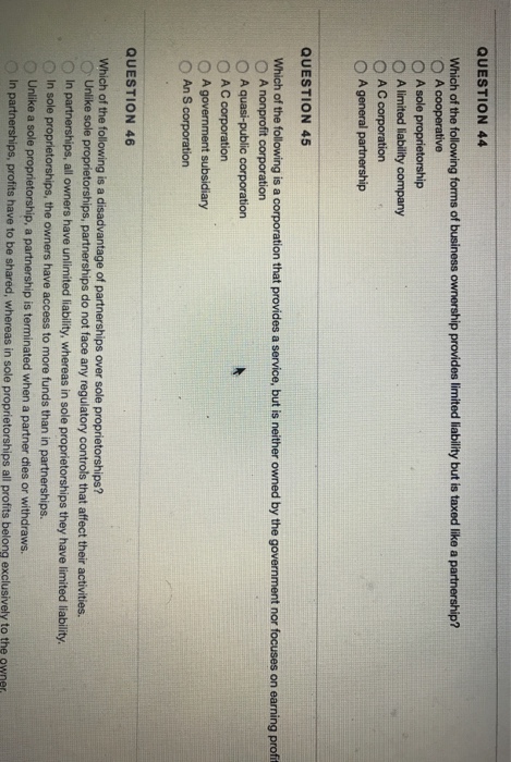 Solved Question 44 Which Of The Following Forms Of Business Chegg Com