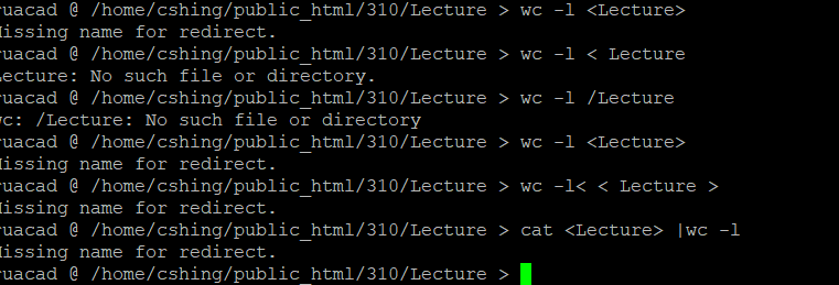 uacad e /home/cshing/public_htm1/310/Lecture > wc -1 <Lecture issing name for redirect. ua cad @ /home/cshing/public_html/310