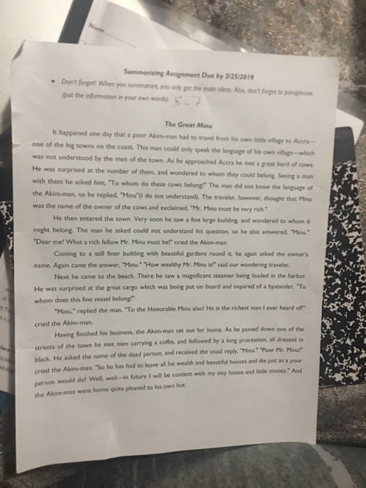 Summarizing Assignment Due by 3/25/2019 Dont forget! When you summarize, you only get the main ideas Also, dont forget to p