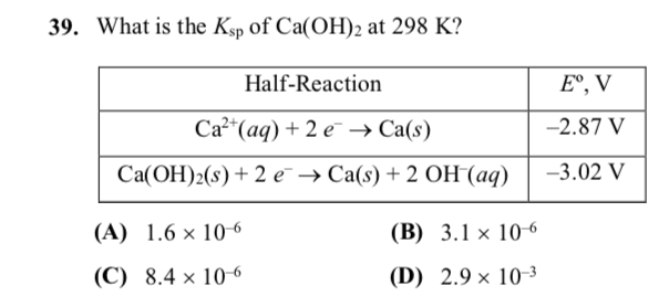 Solved 39 What Is The Ksp Of Ca Oh 2 At 298 K Half Reac Chegg Com