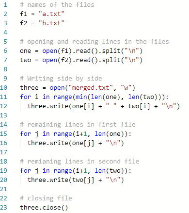 # names of the files 2 f1a.txt 3 f2b.txt 4 5 # opening and reading lines in the files 6 one-open (f1).read().split( In 7